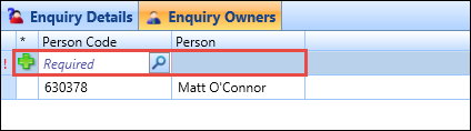 Enquiry Owners grid - new record