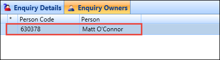 Enquiry Owners grid - record selected