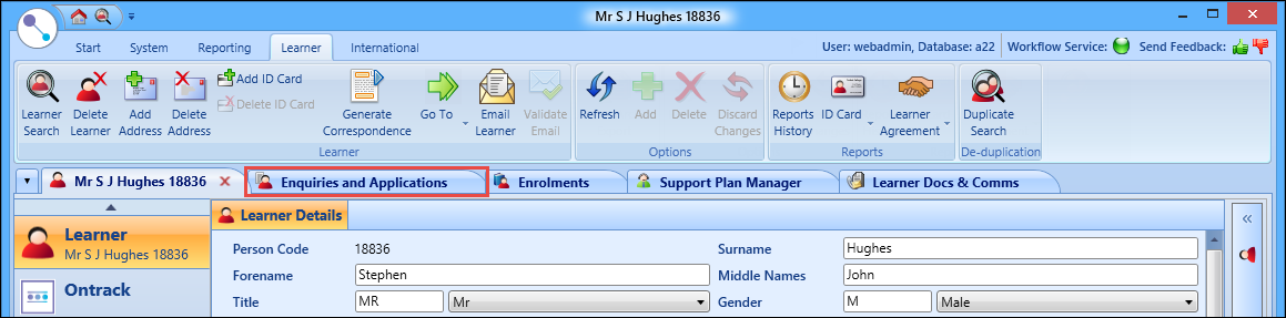 Enquiries and Applications tab