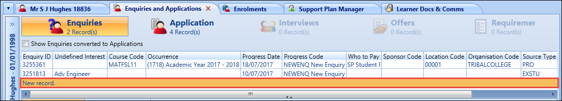 Enquiries grid - new record