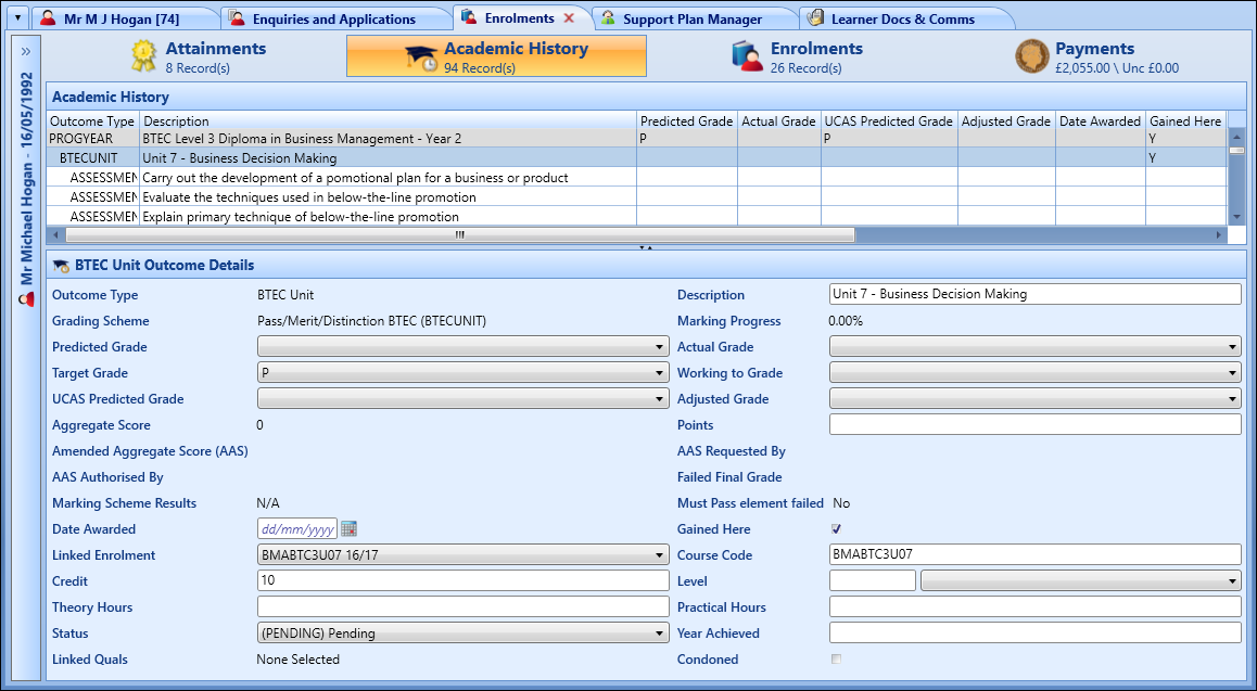 Academic History screen