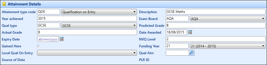 Attainment Details section - record selected