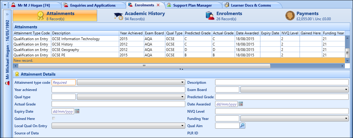 Attainments screen