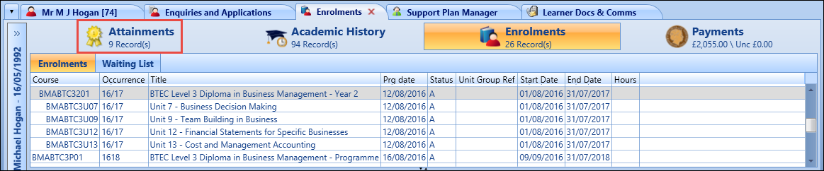 Attainments tab option