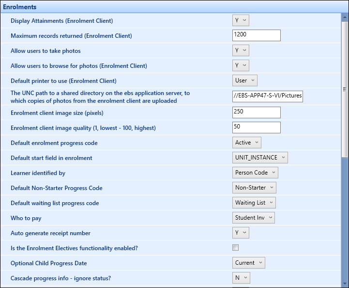 Enrolments institution settings screen