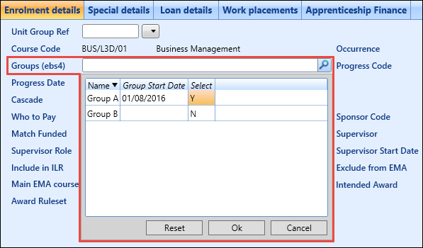 Enrolment Details tab - Group (ebs4) field