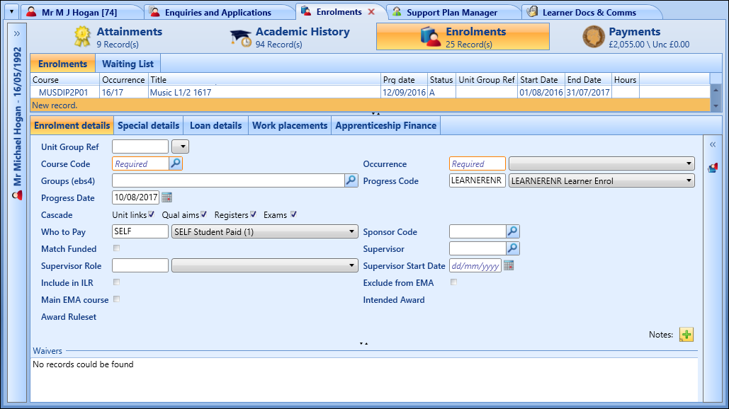 Enrolment Details screen