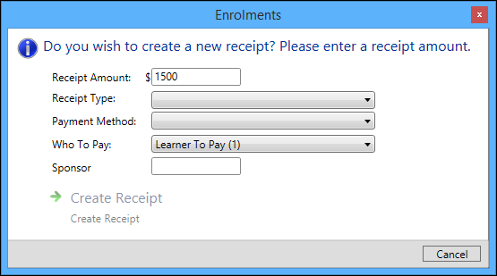 Enrolments Receipt window