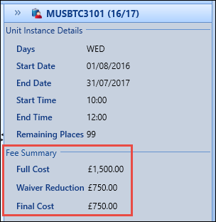 Fee Summary panel - waiver applied