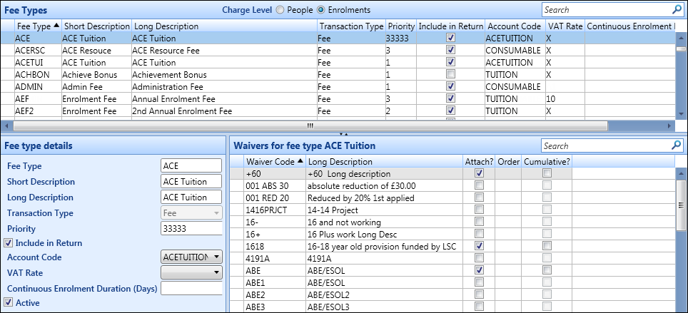 Fee Types screen