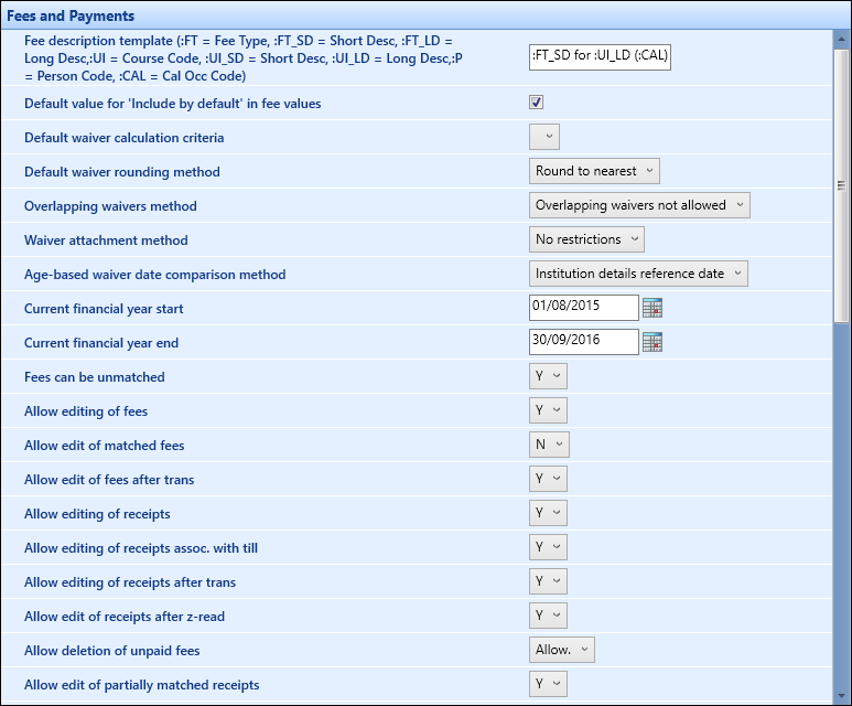 Fees and Payments institution settings screen