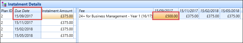 Instalment Details section - Due Date field and instalment amount