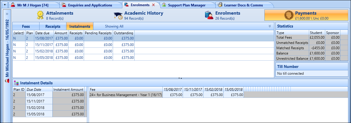 Instalments tab - instalment plan record