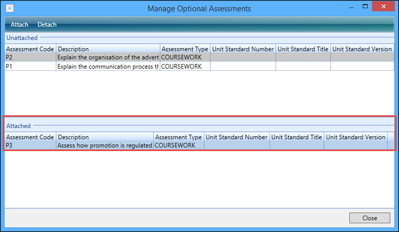 Manage Optional Assessments window - Attached section