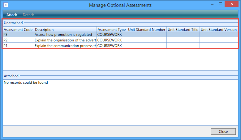 Manage Optional Assessments window - Unattached section