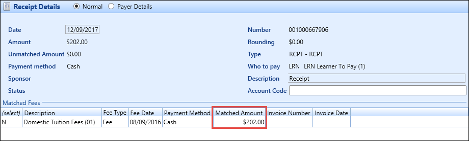 Matched Amount column