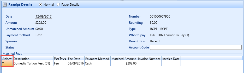 Matched Fees grid - select fee