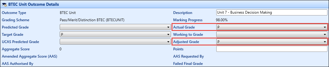 Outcome Details section - Actual Grade and Adjusted Grade fields