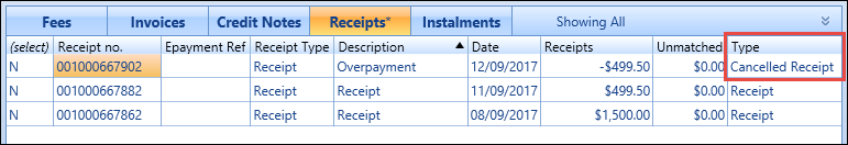 Receipt grid - cancelled receipt