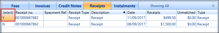 Receipts grid - select receipt