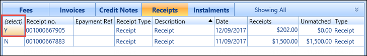 Receipts grid - select fee to unmatch