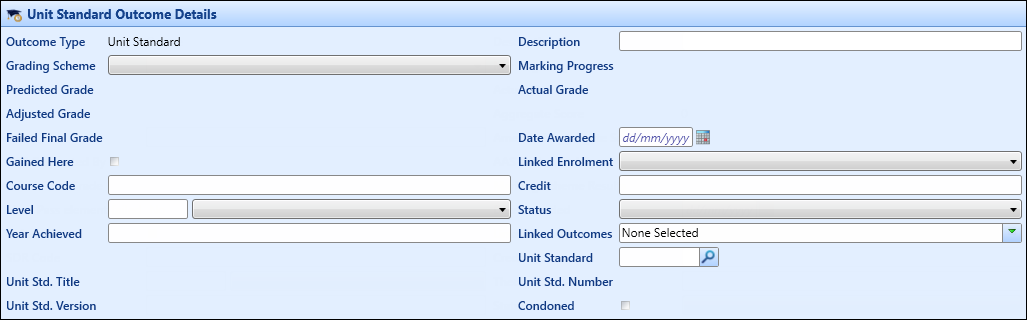 Unit Standard Outcome Details section