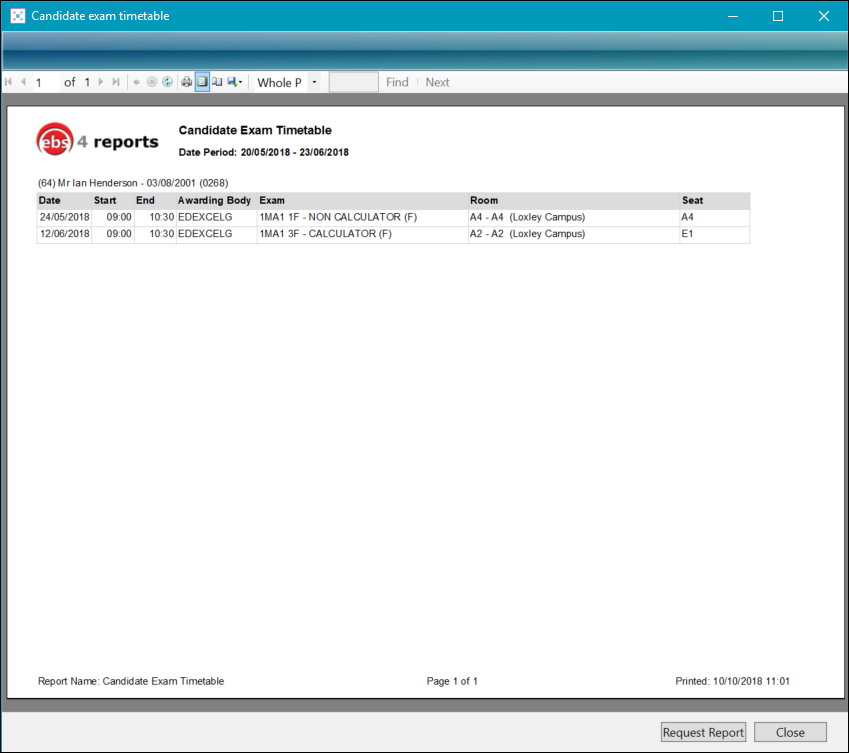 Candidate Exam Timetable report