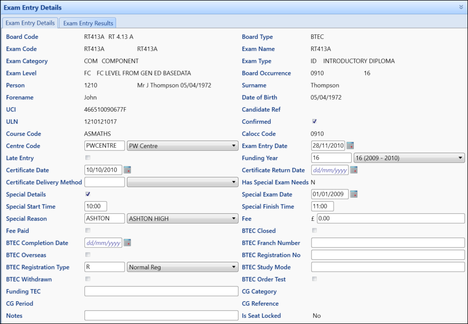 Exam Entry Details screen