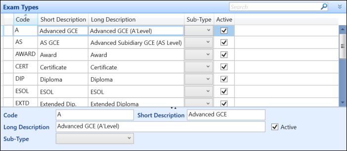 Exam Types Reference Data