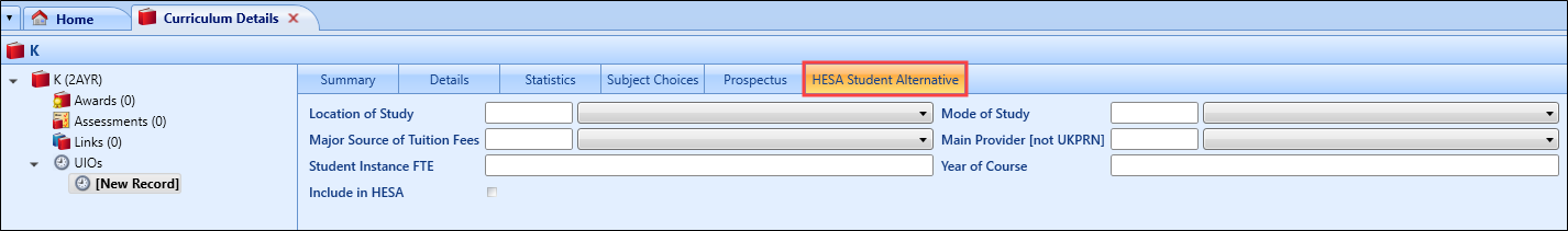 Curriculum Details HESA Strudent Alternative tab for UIOs