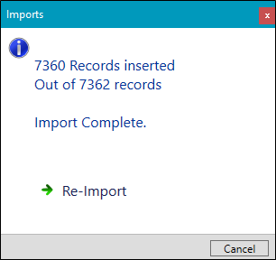 Imports window import complete