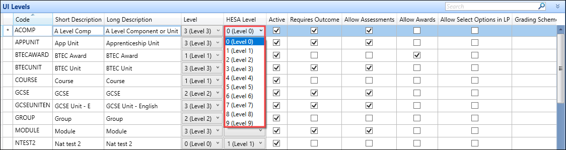 HESA Level grid drop-down field