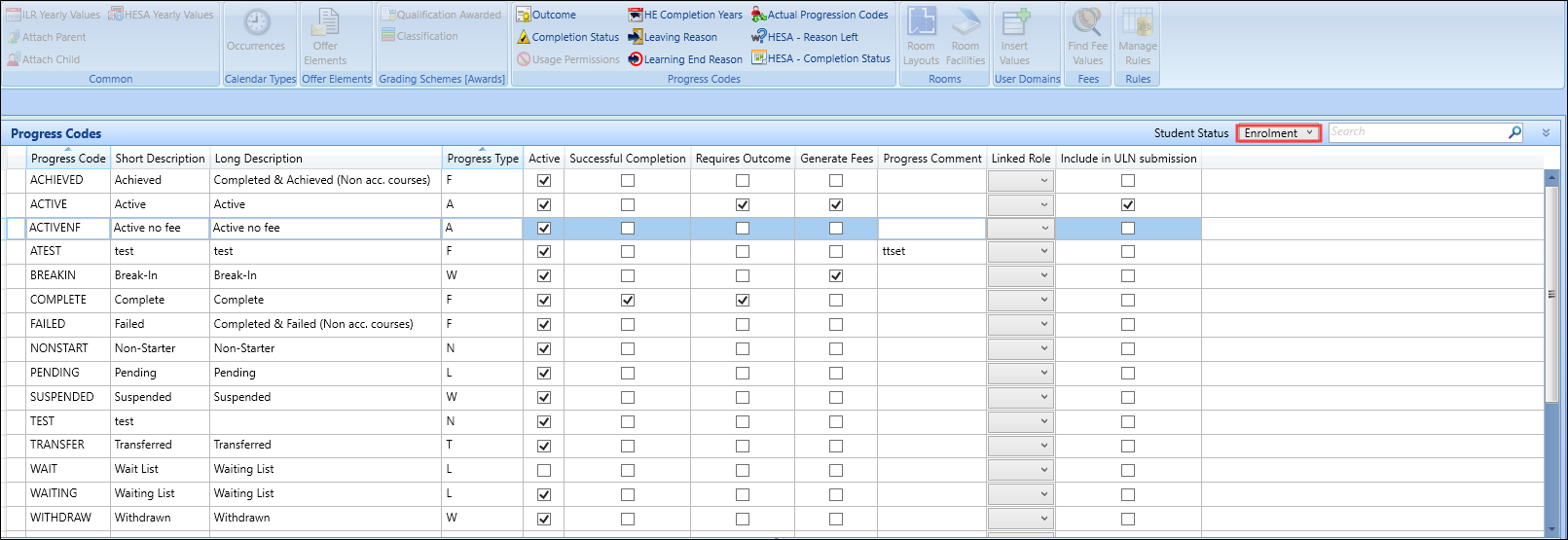 Enrolment chosen from the Student Status drop-down field