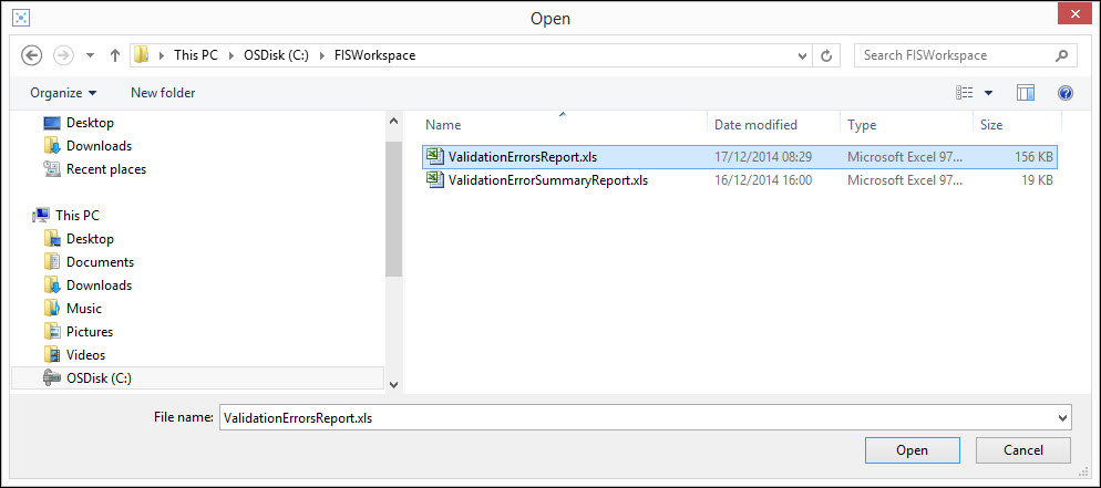 Open window - FIS validation error report