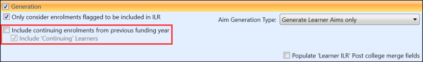 Include continuing enrolments from previous funding year check boxes