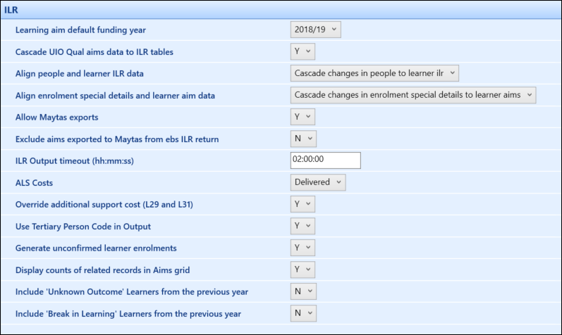 ILR institution settings screen