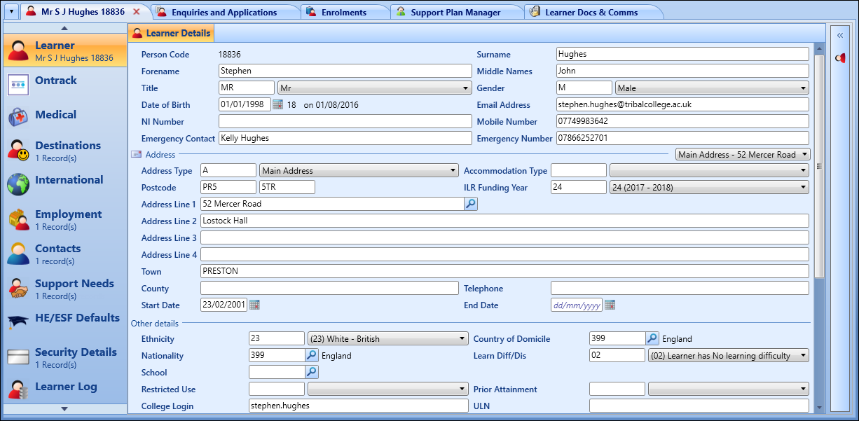 Learner Details screen