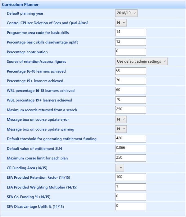 Curriculum Planner institution settings screen