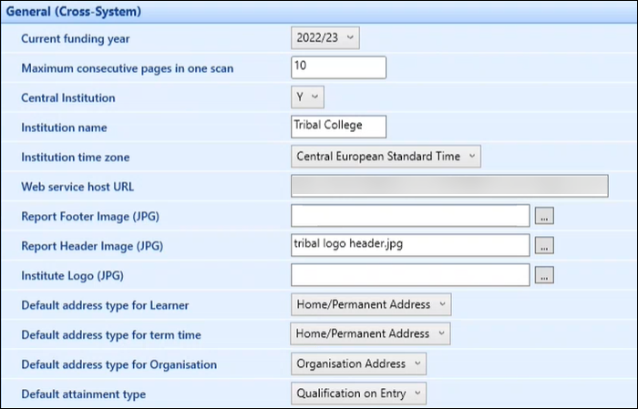 General (Cross-System) institution settings screen