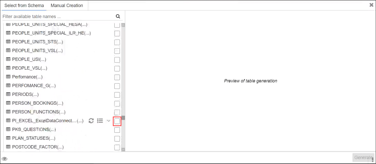 Select check box to include all columns for a PI_Excel table