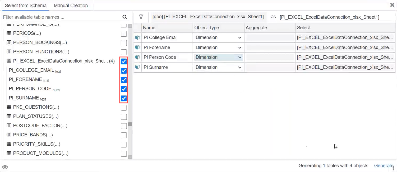 Select tables for inclusion