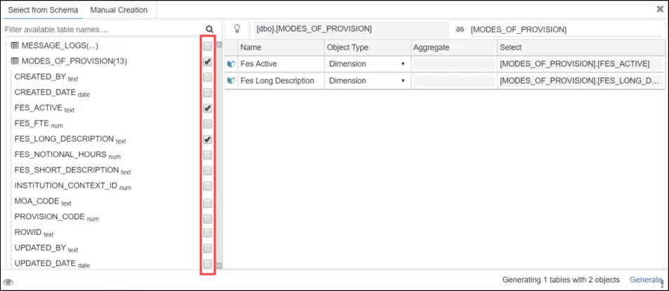 Select tables for inclusion