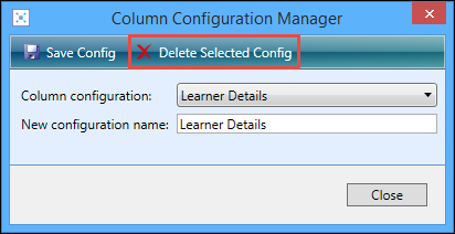 Column Configuration Manager window - Delete Selected Config button