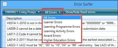 Error Surfer window - All Errors options