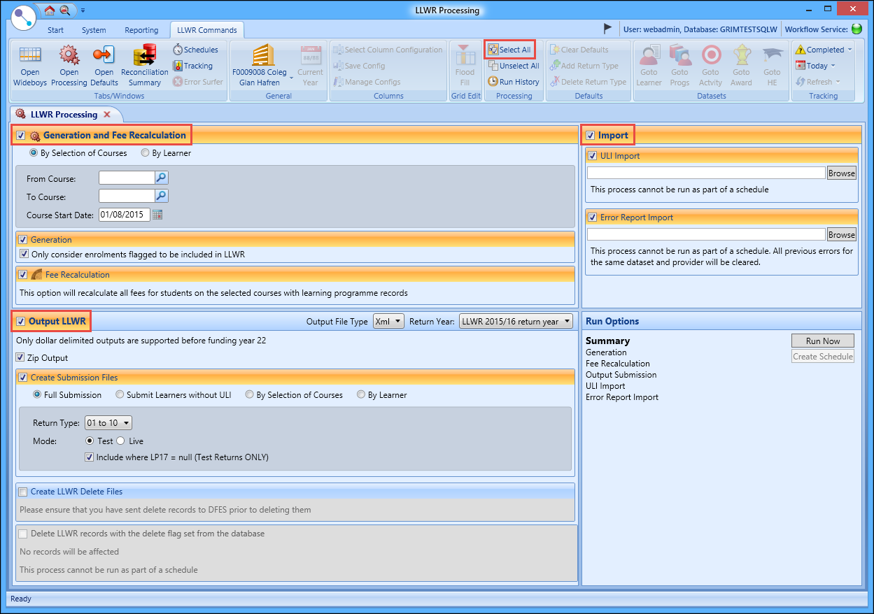 LLWR Processing screen - options selected