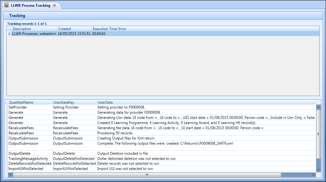 LLWR Process Tracking screen