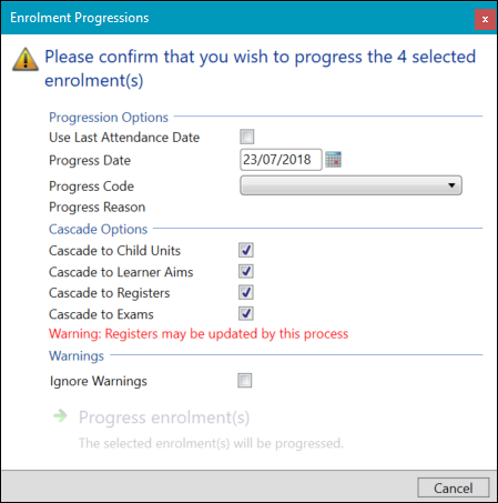 Enrolment Progressions Window