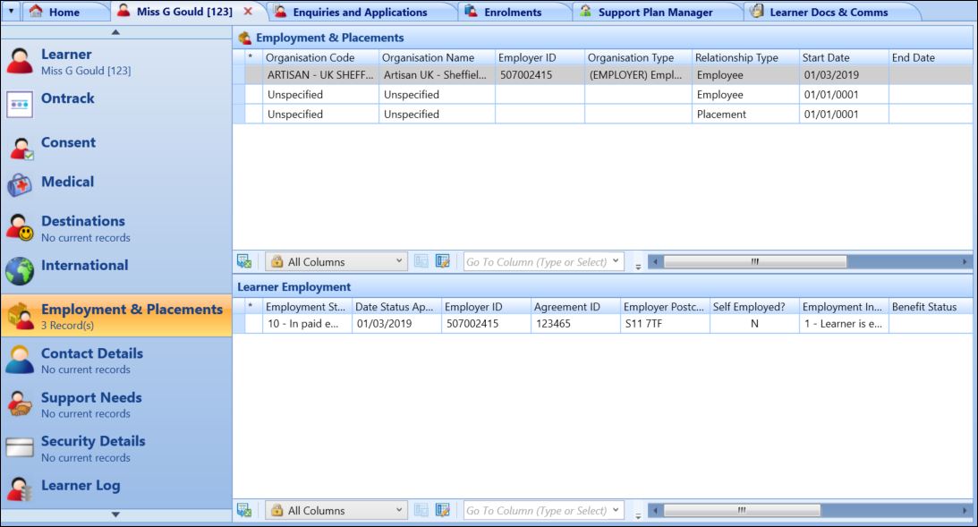 Employment & Placements screen