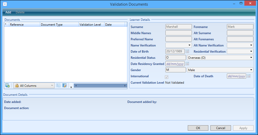 Validation Documents window