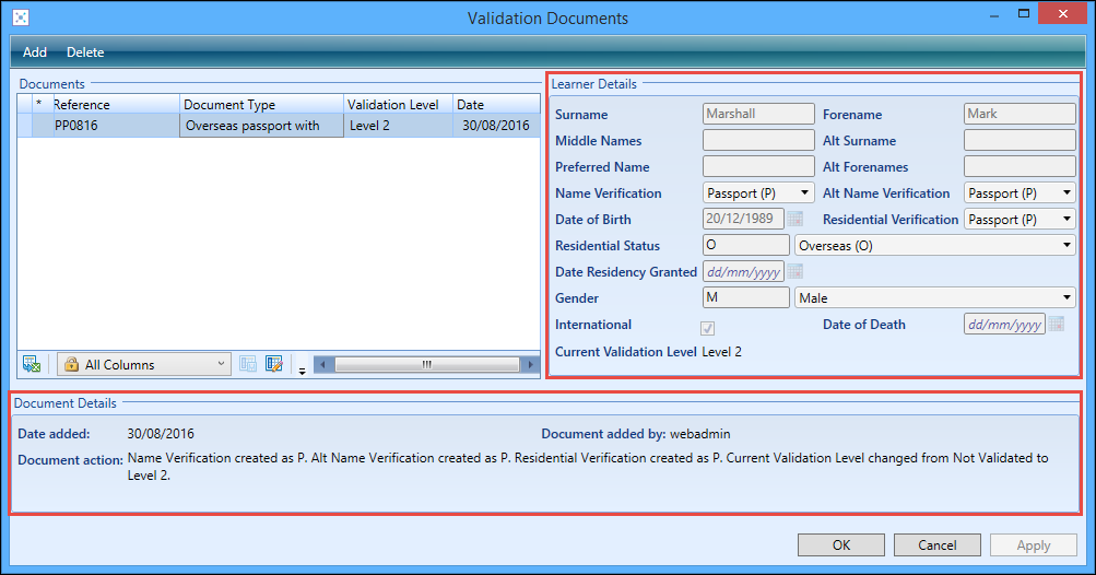 Learner Details and Document Details sections